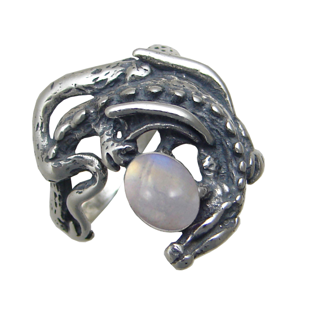 Sterling Silver Dragon of Protection Ring With Rainbow Moonstone Size 9